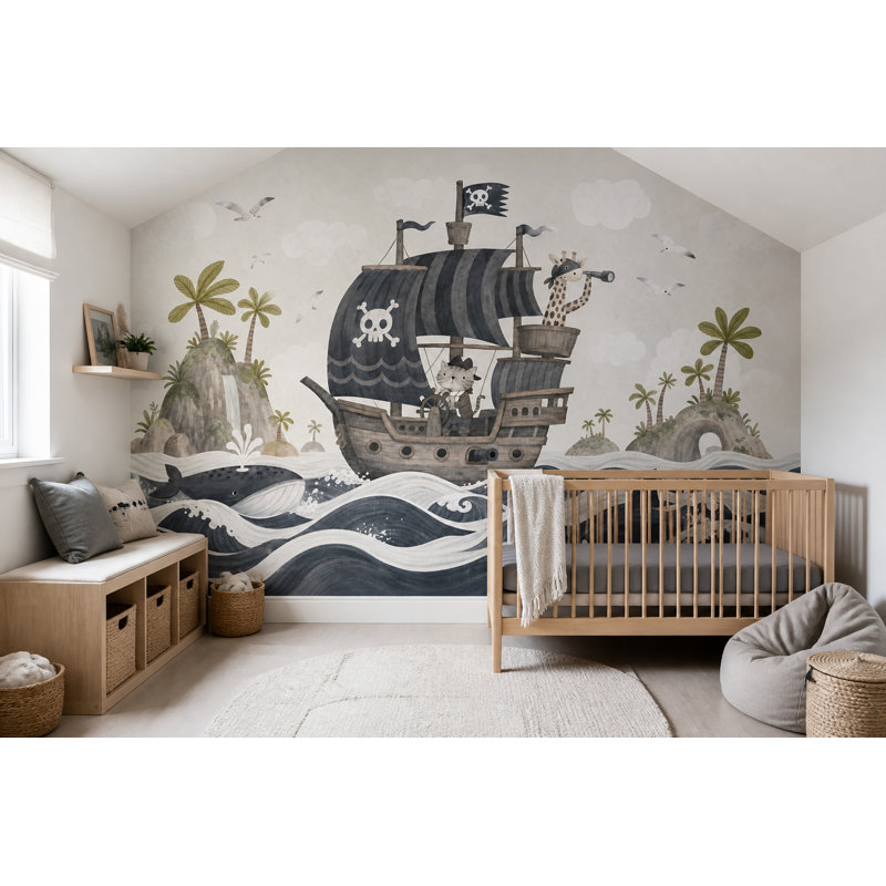 Papier peint bateau pirate, vagues océaniques, îles tropicales, 140"x108", Non-Woven Nonpasted