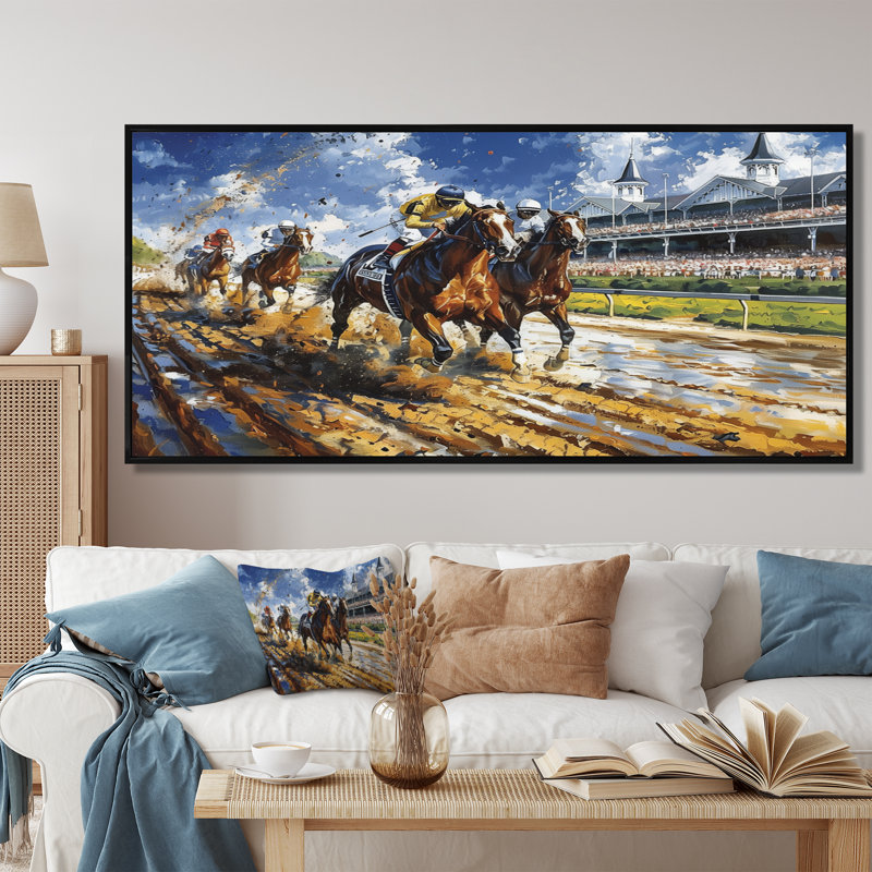 Marlyin - course de chevaux, art mural, H 28 po x l 60 po x P 1,5 po, Cadre flottant noir