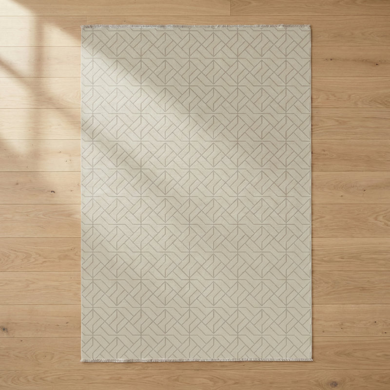 Pender Cream Beige Geometric Cotton Chenille Area Rug, Runner 3'4" x 9'11"