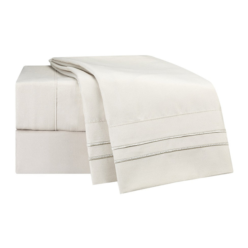Microfiber Striped Sheet Set, King Sheet Set + Fitted Sheet + 2 Pillowcases, Cream Beige
