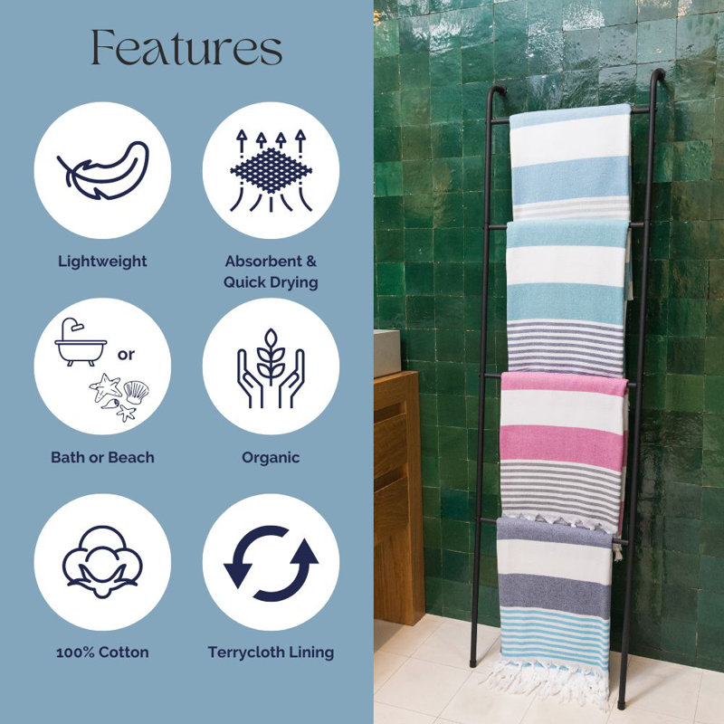 Marine Striped Peshtemal with Terry Cloth Lining, Luxe Bath or Beach Turkish Towel Made from 100% Organic Cotton , 68” x 37”