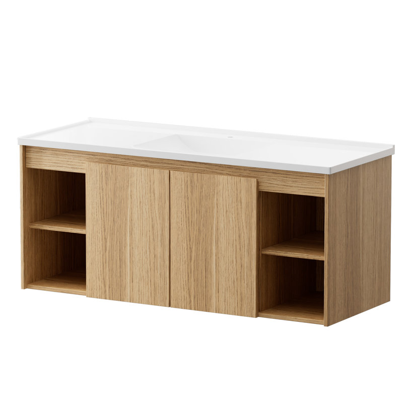 Meuble-lavabo simple 48 po avec plateau en résine et lavabo mural, Marron clair