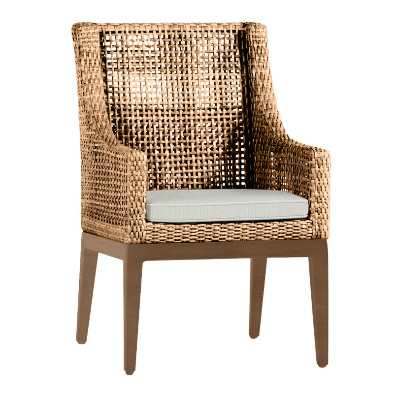 Peninsula Patio Dining Armchair with Cushions, Welt, Perigold Posh Oat, Mahogany/Chestnut