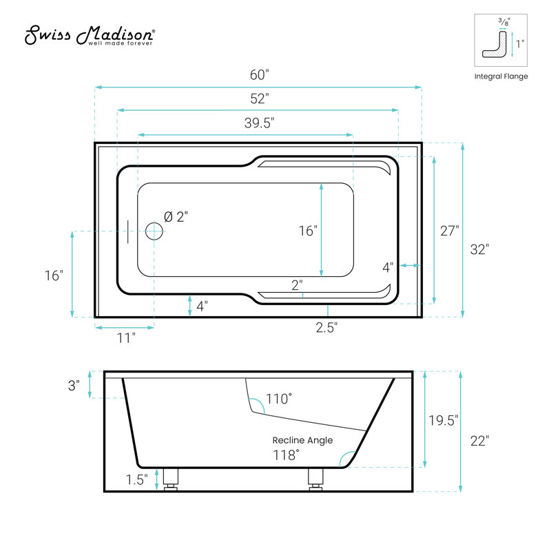 Voltaire 54 X 30 Skirted Left Drain Soaking Apron Bathtub In Glossy White With Integrated Overflow, Drain Included, Right