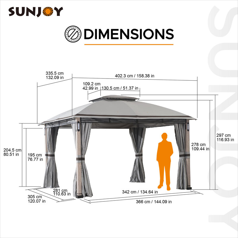 Sunjoy Beretta 11' x 13' Steel Frame 2-Tier Soft Top Gazebo with LED Lighting and Bluetooth Speaker