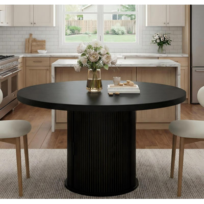47" Round Dining Table for 4-6, Kitchen Table with 2-Layer Storage Shelf and a Drawer, Farmhouse Circle Dinner Table for Dining Room, Kitchen, Living Room, Black (Table Only)