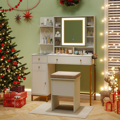 Makeup Vanity Desk With Lighted Mirror Charging Station 3-color Led Lights