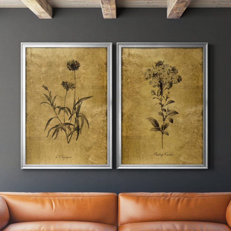 Gold Botanical Sketches Silver Framed Canvas Set