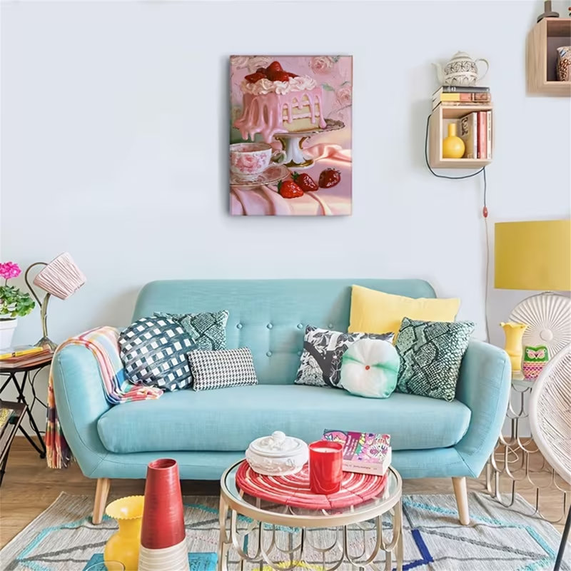 30*20,2D Flat, 1pc Canvas Wall Art Realistic Strawberry Cake Tea Cup Vintage Pink Rose Aesthetic Poster Print Wrapped.