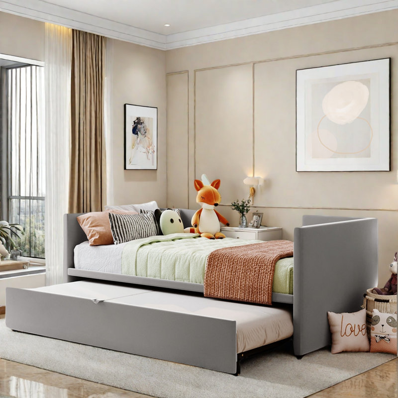 Upholstered Daybed With Pop Up Trundle, Gray