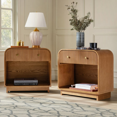 Melisa Cassella Modern 28"W 1-Drawer Fluted End Table Simple Assemblly with Charging Station and Solid Wood Legs Set of 2