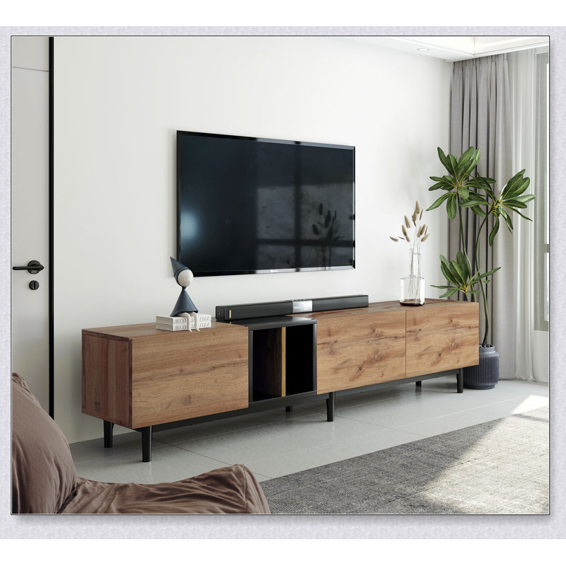 Meuble télé pour téléviseur 80 po avec 3 portes, console média avec grand rangement, Bois naturel