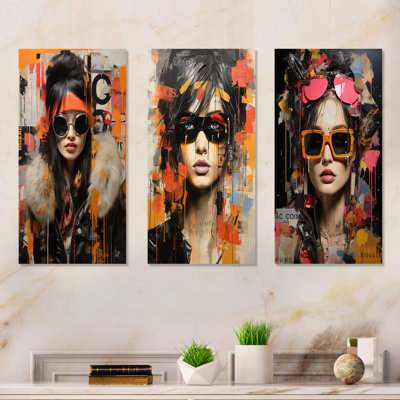 «Orange Grunge Woman Portrait I», ensemble de 3 reproductions d'art en métal Pop Art