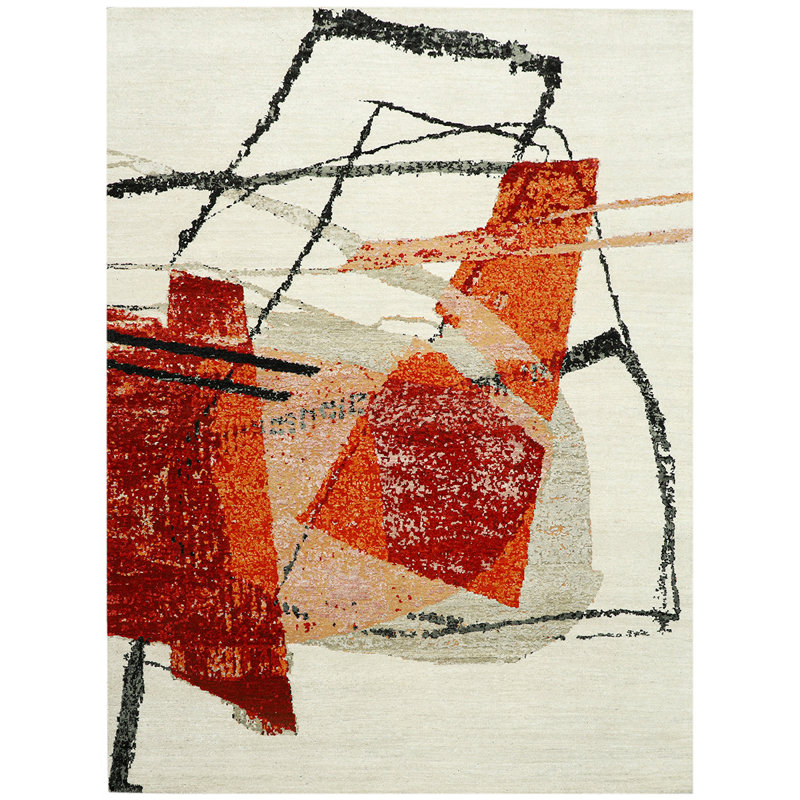 High-Quality Hand-Knotted Red/Black/Gray Area Rug, Rectangle 9' x 12', Red/Black/Gray