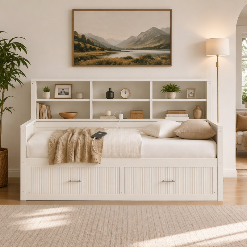Lit de jour en bois avec panneaux cannelés, 6 tablettes de rangement, 2 tiroirs et station de recharge, Lit simple, Blanc