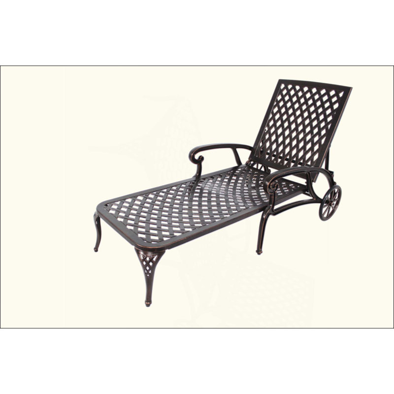 Cast Aluminum Outdoor Chaise Lounge Chair, Reclining Patio Lounge Chair with Wheels & Adjustable Foot Pads for Poolside Patio