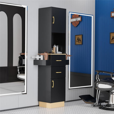 Barber Stations Beauty Salon Spa Equipment With 2 Drawers, 2 Storage Cabinet, 6 Hair Dryer Holders For Hair Styling, Gold