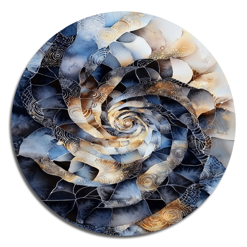 «Blue Coastal Light Spiral», art mural abstrait en métal cosmique, impression murale jaune, H 16 po x l 16 po