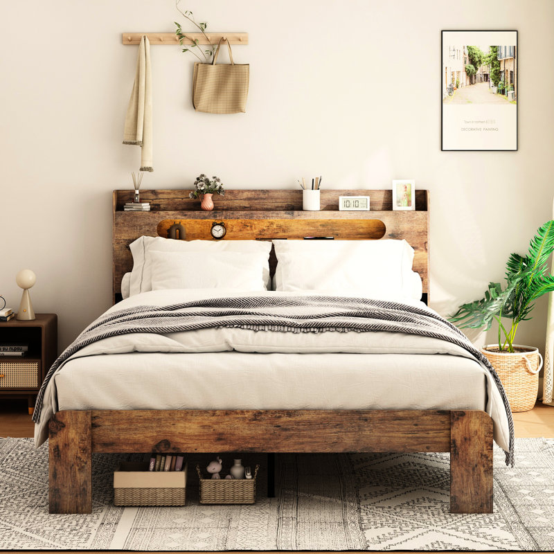 Base de lit plateforme en bois pour grand lit avec tête de lit à DEL et rangement 2 Usbs, niveau de performance silencieux, pas de sommier nécessaire, étapes d'installation simples, amplement sous la zone de charge, fonctionnement silencieux