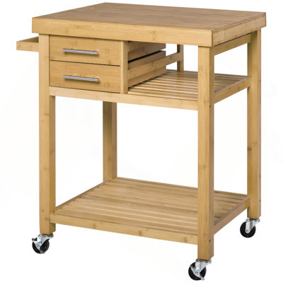 Bamboo Kitchen Island Cart On Wheels, Utility Trolley Cart With 2 Storage Drawers And Open Shelves, Bamboo Tone