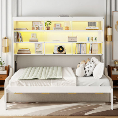 Murphy Cabinet Bed with Folding Sofa - Beige Space-Saving Wall Bed with Built-in Storage Shelves, LED Lighting & Safety Lock, No Box Spring Needed (600 lb Capacity)
