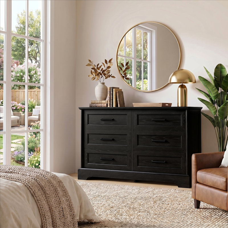 47" 6 Drawer Dresser,Double Dresser For Bedroom, High Quality Chest Of Drawers For Living Room, Hallway, Closet, Black, 6