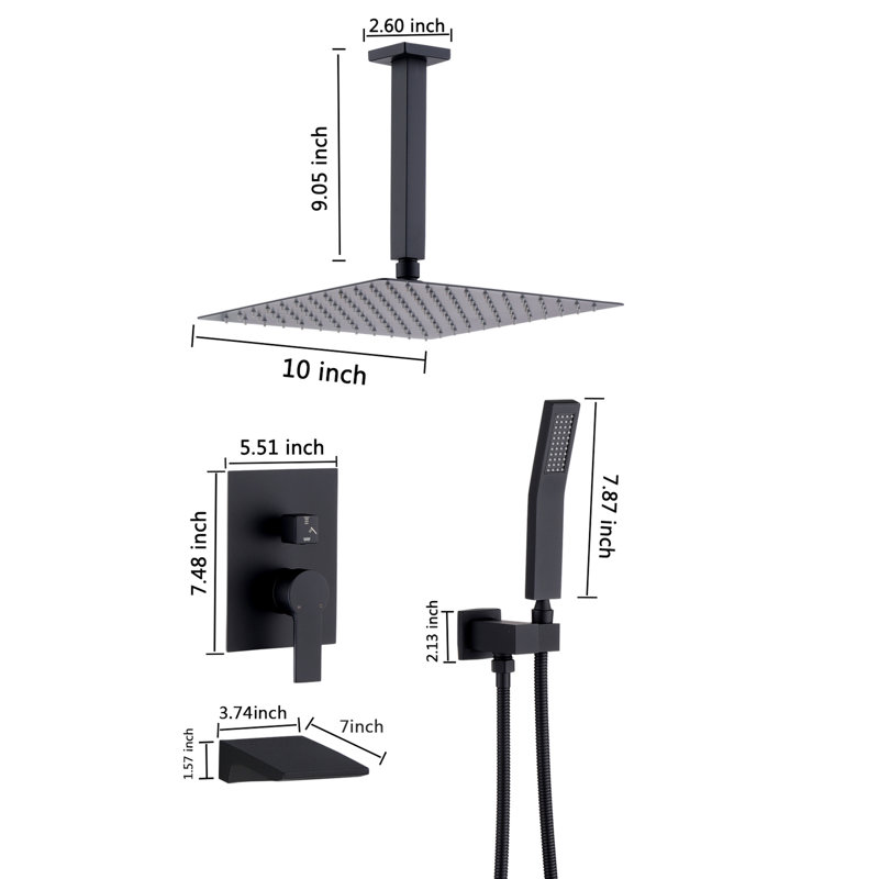 Matte Black Shower System With 10" Shower, Stainless Steel, Balanced Ceramic Disc, , 31 Function Knob, Wall Mounted Faucet Head, Handheld
