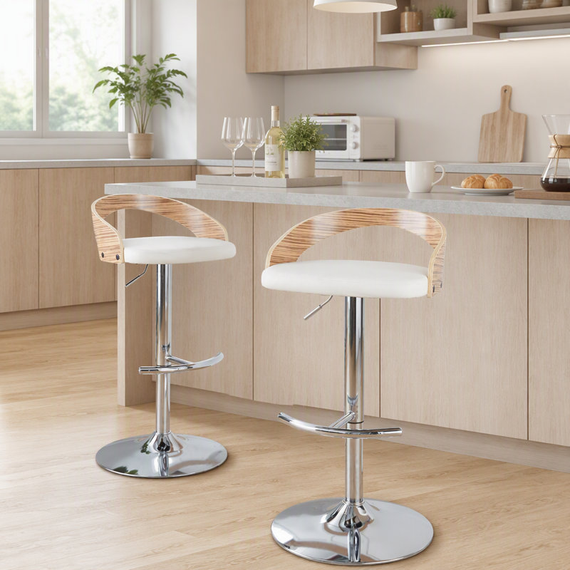 Tabouret de bar réglable avec pivot en métal chromé, bois de zèbre et similicuir blanc avec repose-pieds arrondi en T - ensemble de 3