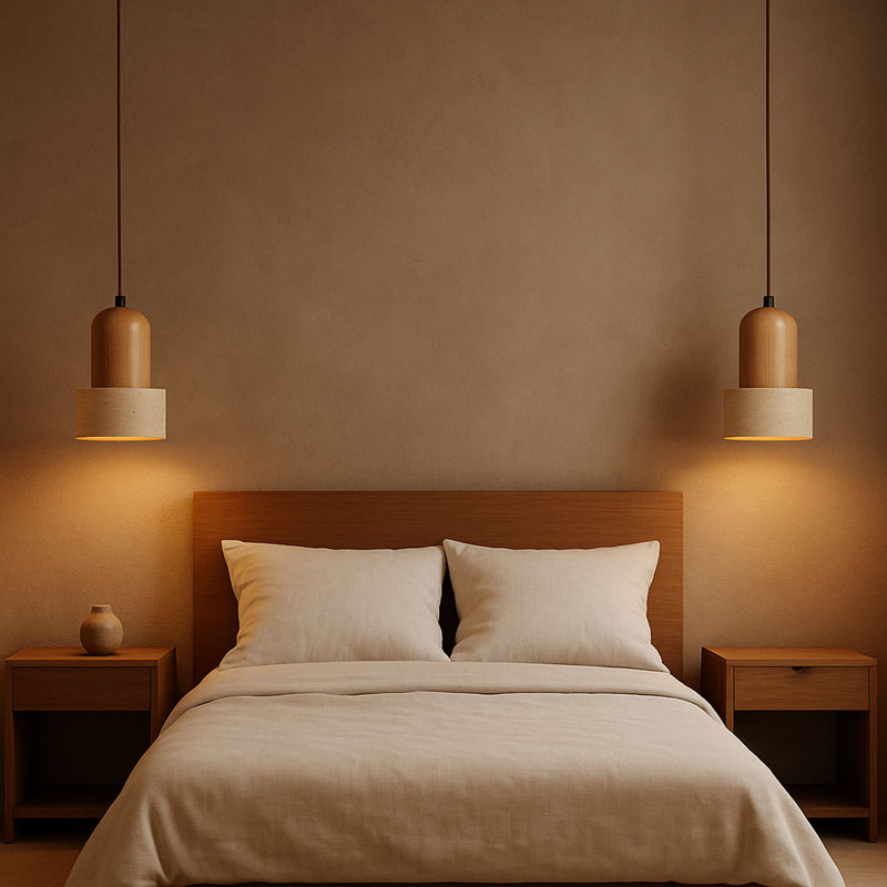 Lustre réglable élégant, structure en bois avec capuchon en travertin, 12 po x 7,5 po | Hauteur réglable de 9,4 à 60,6 pouces | 1 x douille E27 (40 W maximum, ampoule non incluse) | Finition beige et chêne, parfaite pour le salon et la salle à manger