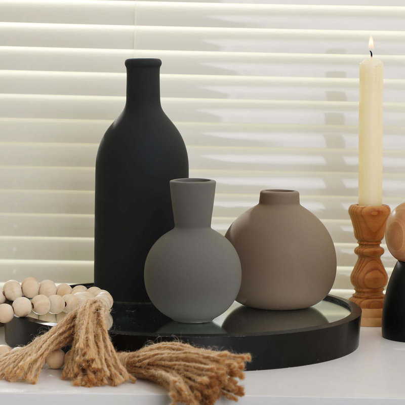 Rustic Farmhouse Ceramic Vase Set Of 3, Black/Gray