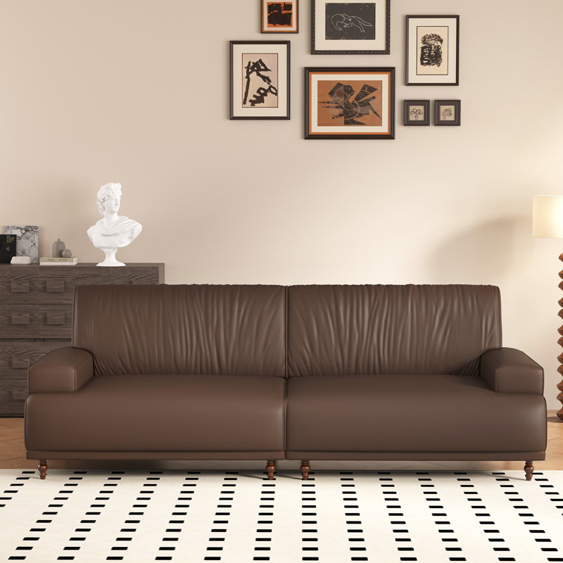 86.4" Oiled Wax Leather 3 Seater Sofa, Tufted Backrest, Brown