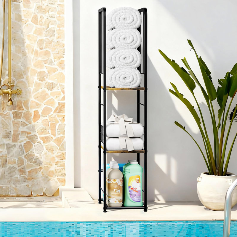 Porte-serviettes étroit à 3 niveaux sur pied - Rangement de serviettes mince avec tablette de salle de bain | Idéal pour les petites salles de bain, les abords de piscine et les espaces restreints