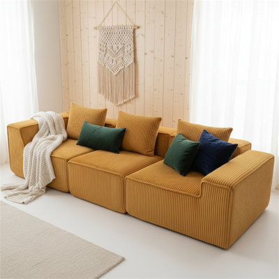 Canapé modulaire en velours côtelé à assise profonde avec style moderne à bras bas et support en mousse haute densité