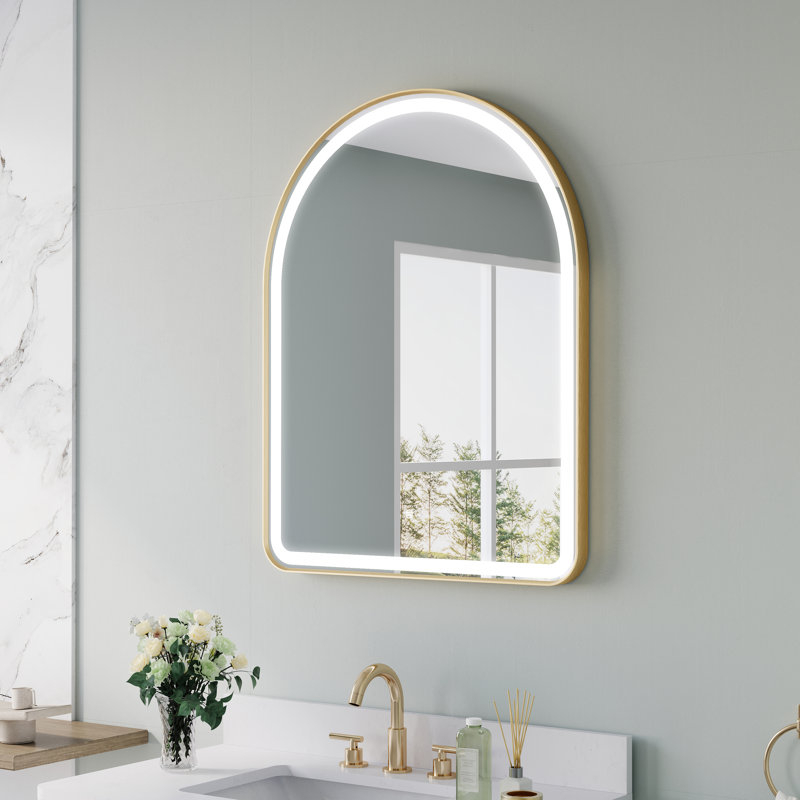 Miroir mural de salle de bain à DEL avec fonction mémoire, Or brossé, 36 po x 28 po