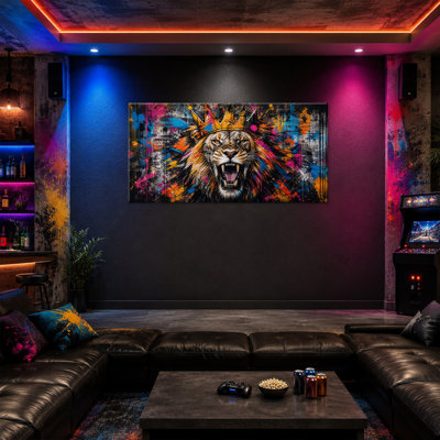 Art mural sur toile Crowned Lion Graffiti, art de la faune urbaine orange, magenta bleu et or, pour le salon, la salle de jeux ou le bureau, tendue sur châssis, prête à être suspendue, 32 po x 16 po