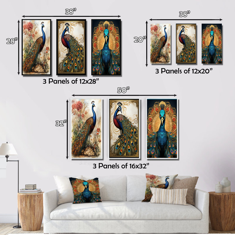"Illustration rétro du paon Glorious" 3 pièces, Cadre blanc, H 32 po x l 48 po