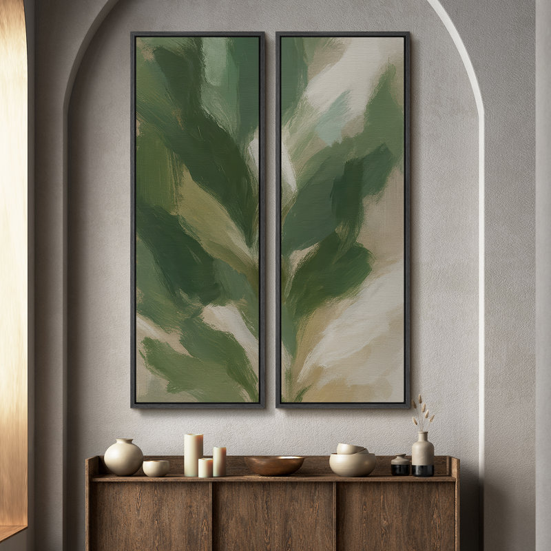 Abstrait botanique vert pour entrée - ensemble de 2 reproductions d'art murales encadrées sur toile 60 po x 20 po x 2 pièces, 60 po x 30 po x 2 pièces