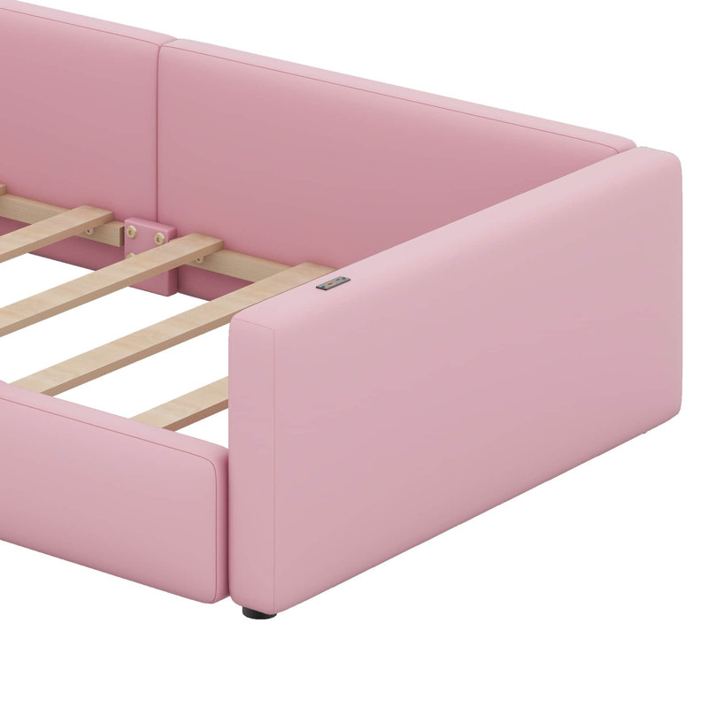 Lit plateforme tapissier mignon avec garde-corps et station de charge ouverte