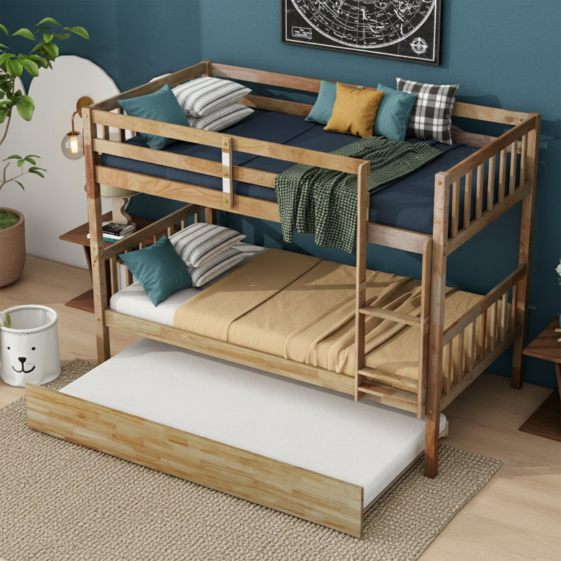 77" Solid Rubber Wood Bunk Bed with Trundle - Twin over Twin Convertible into 2 Separate Beds, White Oak