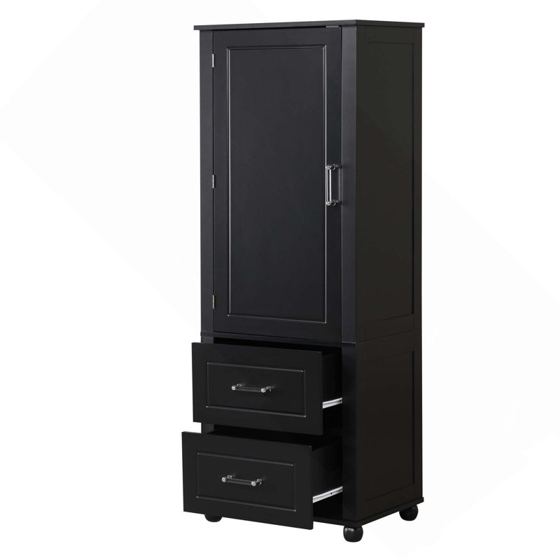 MDF Board Freestanding Tall Bathroom Storage Cabinet With 2 Drawers And Adjustable Shelf, Black