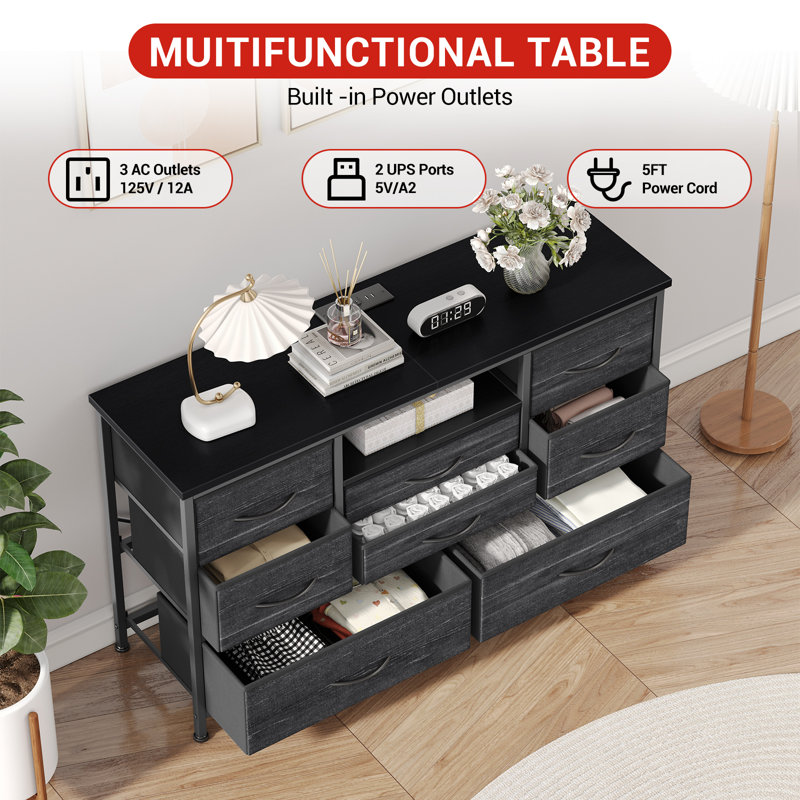 8-Drawer Fabric Dresser TV Stand with RGB LED & Power Outlet, Wood-Top Storage Console for 55" TV, Gray
