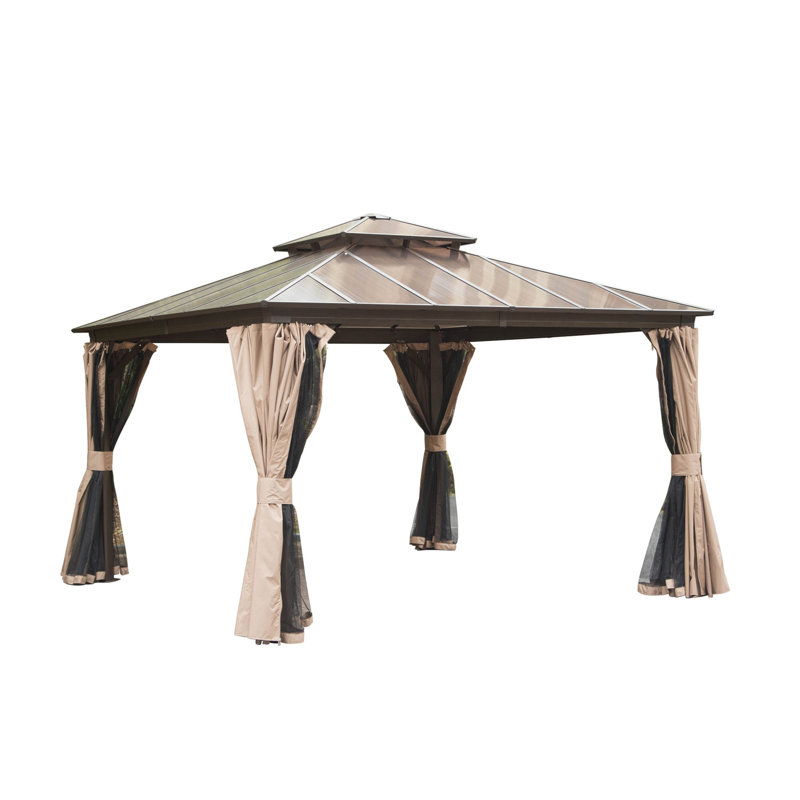 Aluminum Patio Gazebo Permanent Double Polycarbonate Roof Canopy, 12 ft x 10 ft, Brown