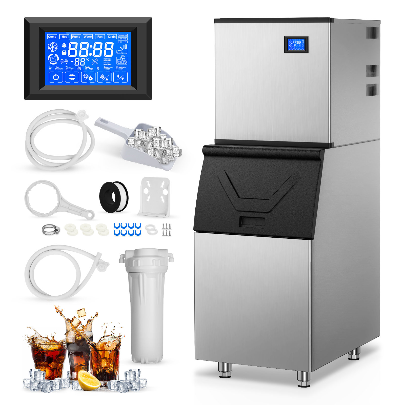 Commercial Ice Maker 500 lb.Daily Freestanding Ice Machine with 350 lb.  Storage, Stainless Steel
