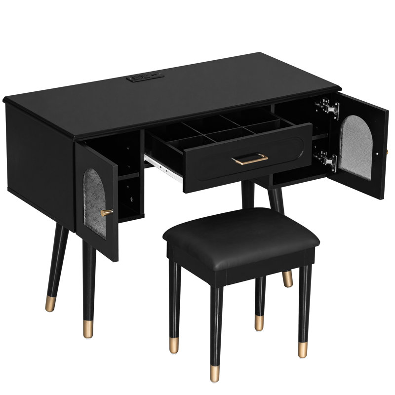 Modern Vanity : Multi - Purpose, Built In Power Outlets, And Rounded Corners For Comfort Versatile Dressing Table: Makeup Station, Writing Desk, Bedside Table With Charging Function