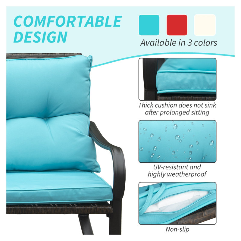Ensemble de conversation d'extérieur en métal pour 2 personnes avec coussins bleus - ensemble de conversation en acier toutes saisons