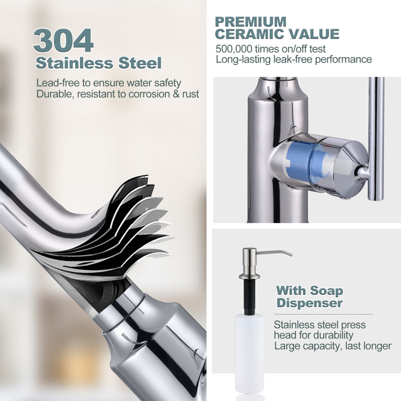 Polished Chrome Stainless Steel Pull Down Kitchen Faucet with Soap Dispenser