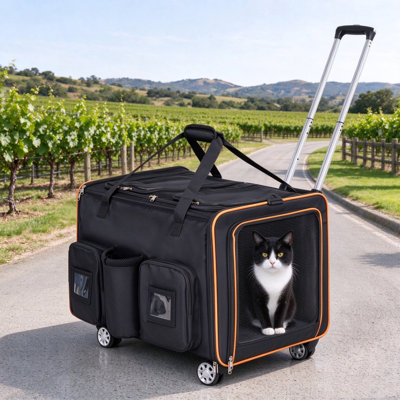 Grand transporteur de chat 2 en 1 pour 2 chats, transporteur double pliable extensible avec roues, cloison amovible, caisse de voyage en maille respirante pour chat pour voiture de camping, noir