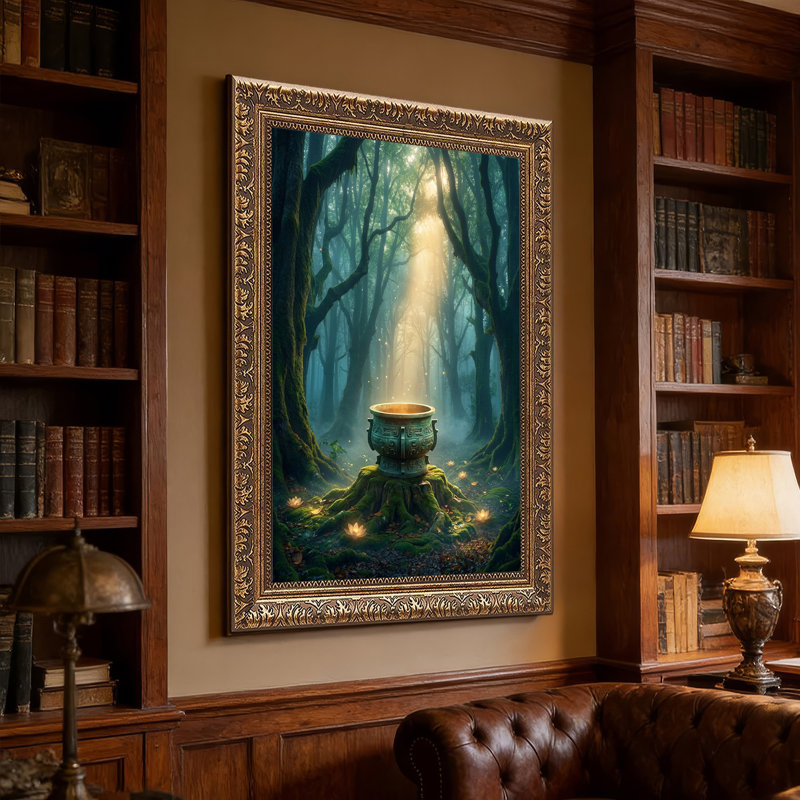 Art mural sur toile orné de bronze dans une forêt brumeuse avec lumière brillante, H 30 po x l 20 po