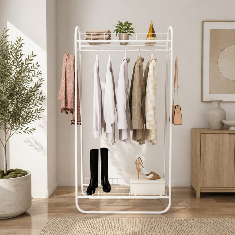 Portant à vêtements roulant robuste avec tablette double, capacité de 90 kg, montage sans outil, Blanc