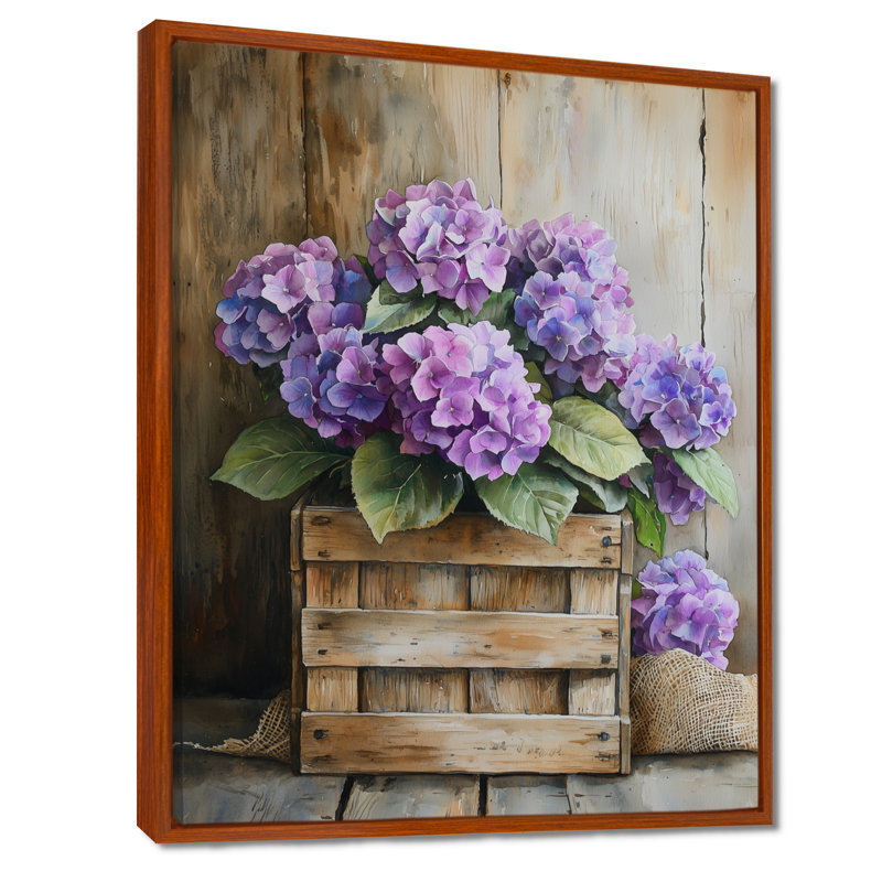 Esteban Hydrangeas Bouquet In A Wooden Crate II - Hydrangea Wall Art, H 20 po x l 12 po, Reproduction avec cadre flottant